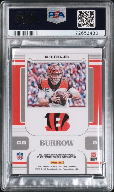 2020 JOE BURROW PANINI P&P DOUBLE COVERAGE MEM- BLUE - PSA 7 NM