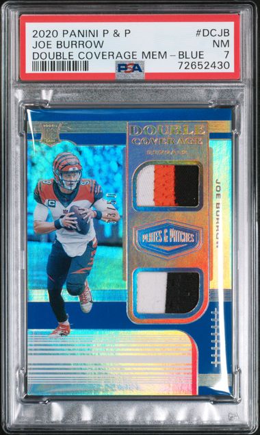 2020 JOE BURROW PANINI P&P DOUBLE COVERAGE MEM- BLUE - PSA 7 NM