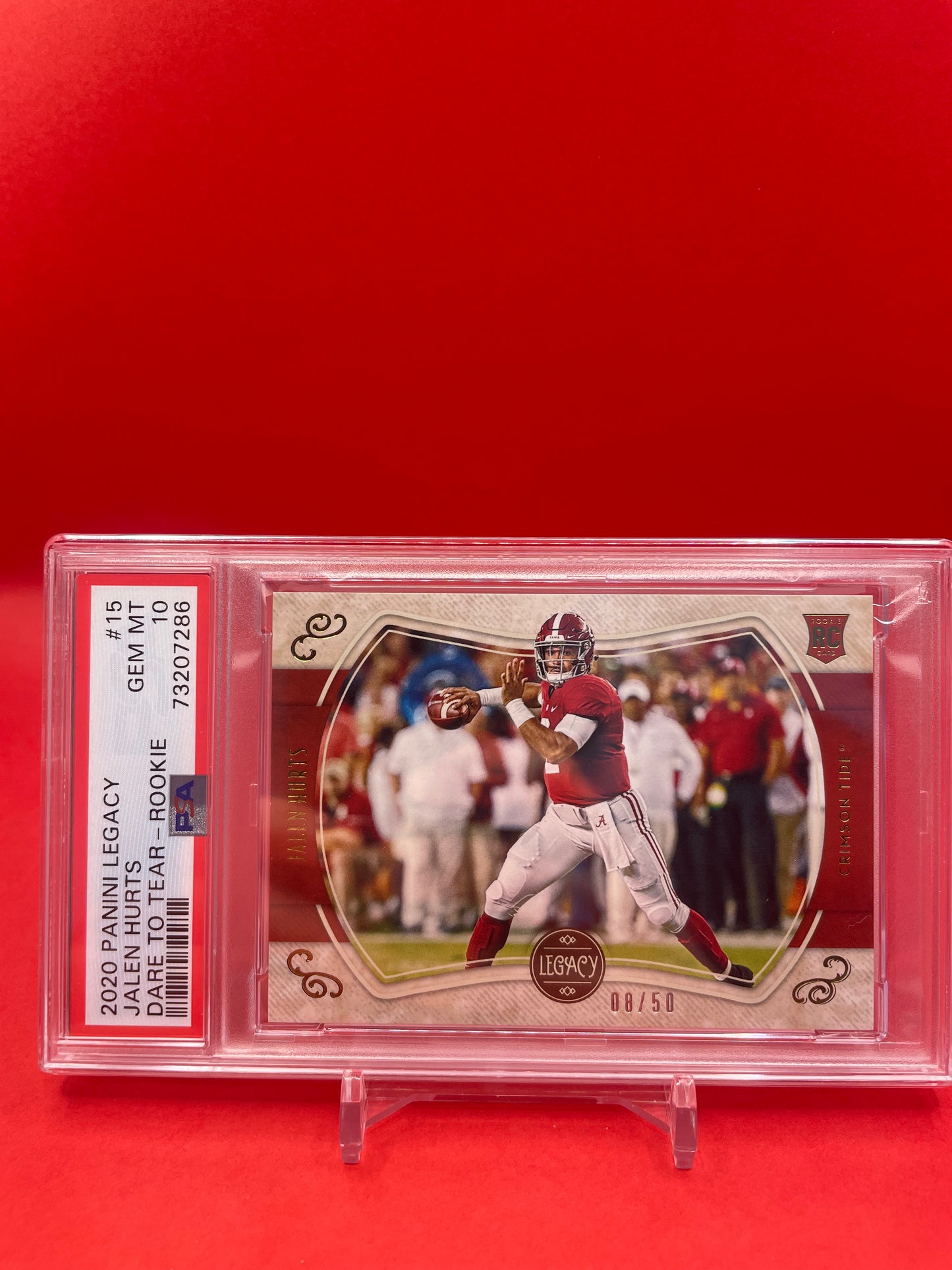 2020 JALEN HURTS PANINI LEGACY DARE TO TEAR - ROOKIE /50 POP 1 NONE HIGHER - PSA 10 GEM MT