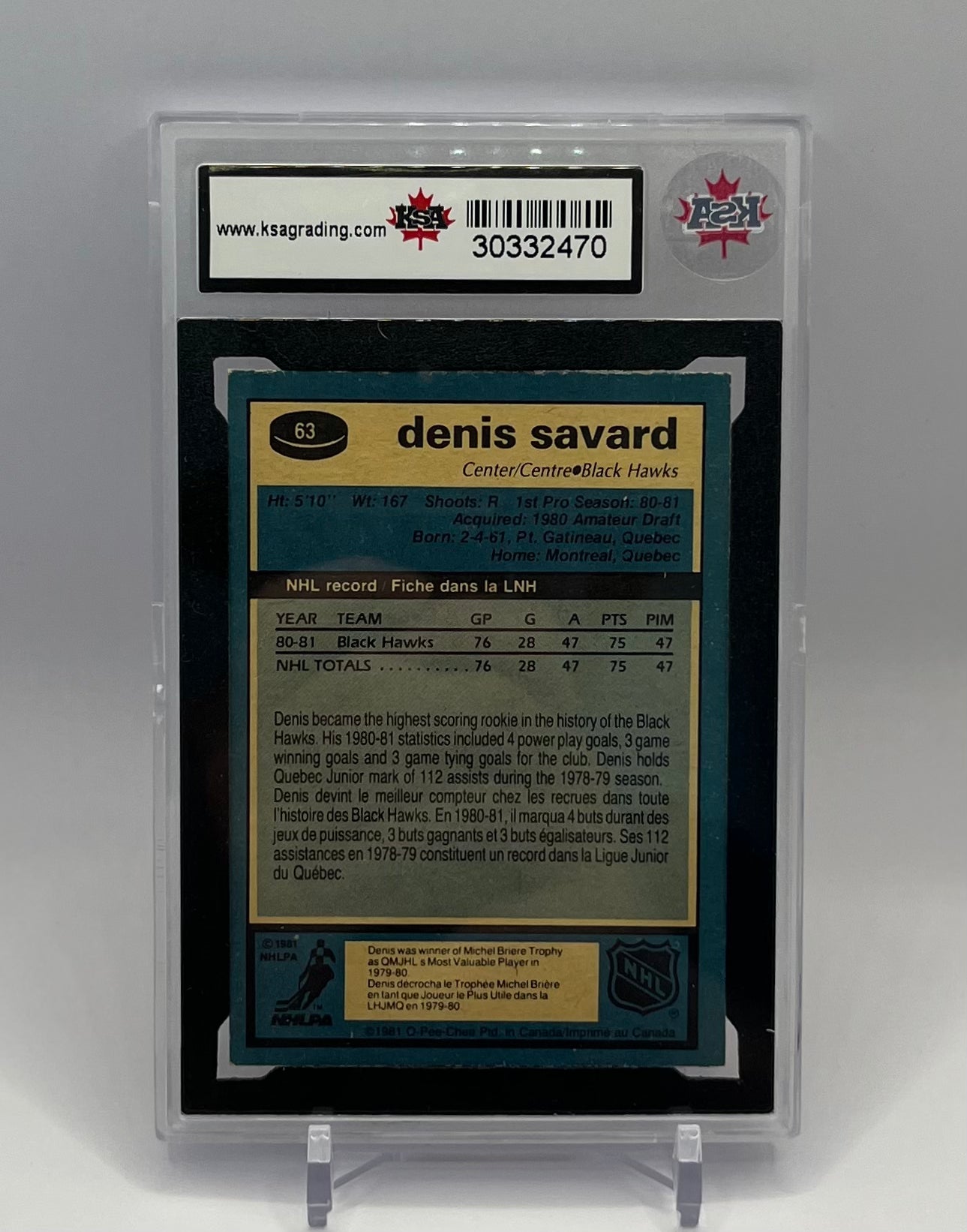 1981-82 #63 DENIS SAVARD O-PEE-CHEE ROOKIE - KSA 7.5 NM+
