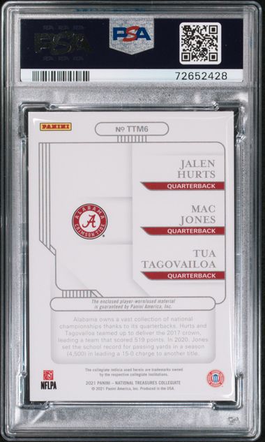 2021 HURTS/JONES/TAGOVALOA NAT TREAS. TEAM TRIOS MATERIALS- BLUE - PSA 9 MINT