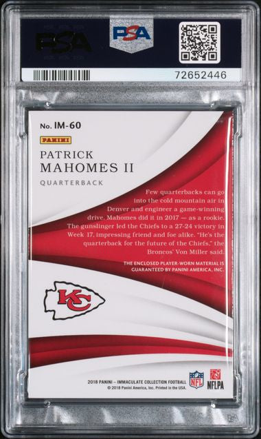 2018 PATRICK MAHOMES PANINI IMMCLT. COLL IMMACULATE NUMBERS NONE GRADED HIGHER- PSA 9 MINT