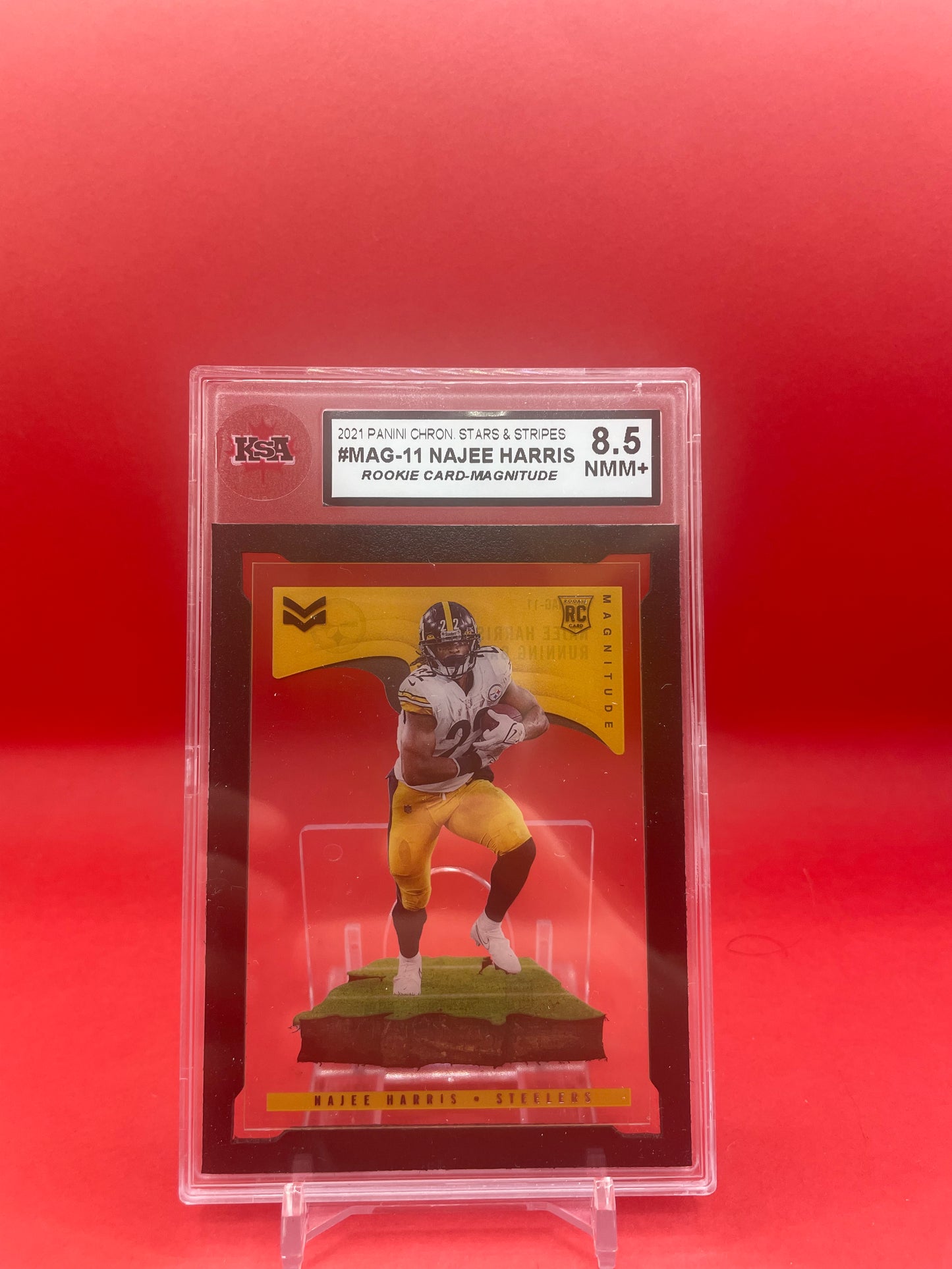 2021 NAJEE HARRIS PANINI CHRON. STARS & STRIPES ROOKIE CARD- MAGNITUDE- KSA 8.5 NMM+