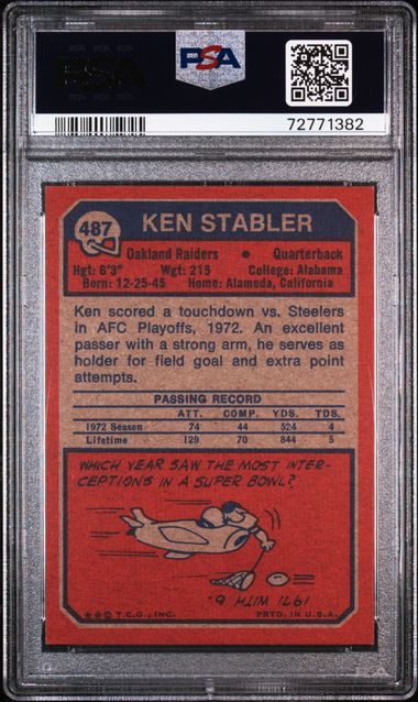 1973 KEN STABLER TOPPS HOF RC UNDER-GRADED - PSA 5 EX