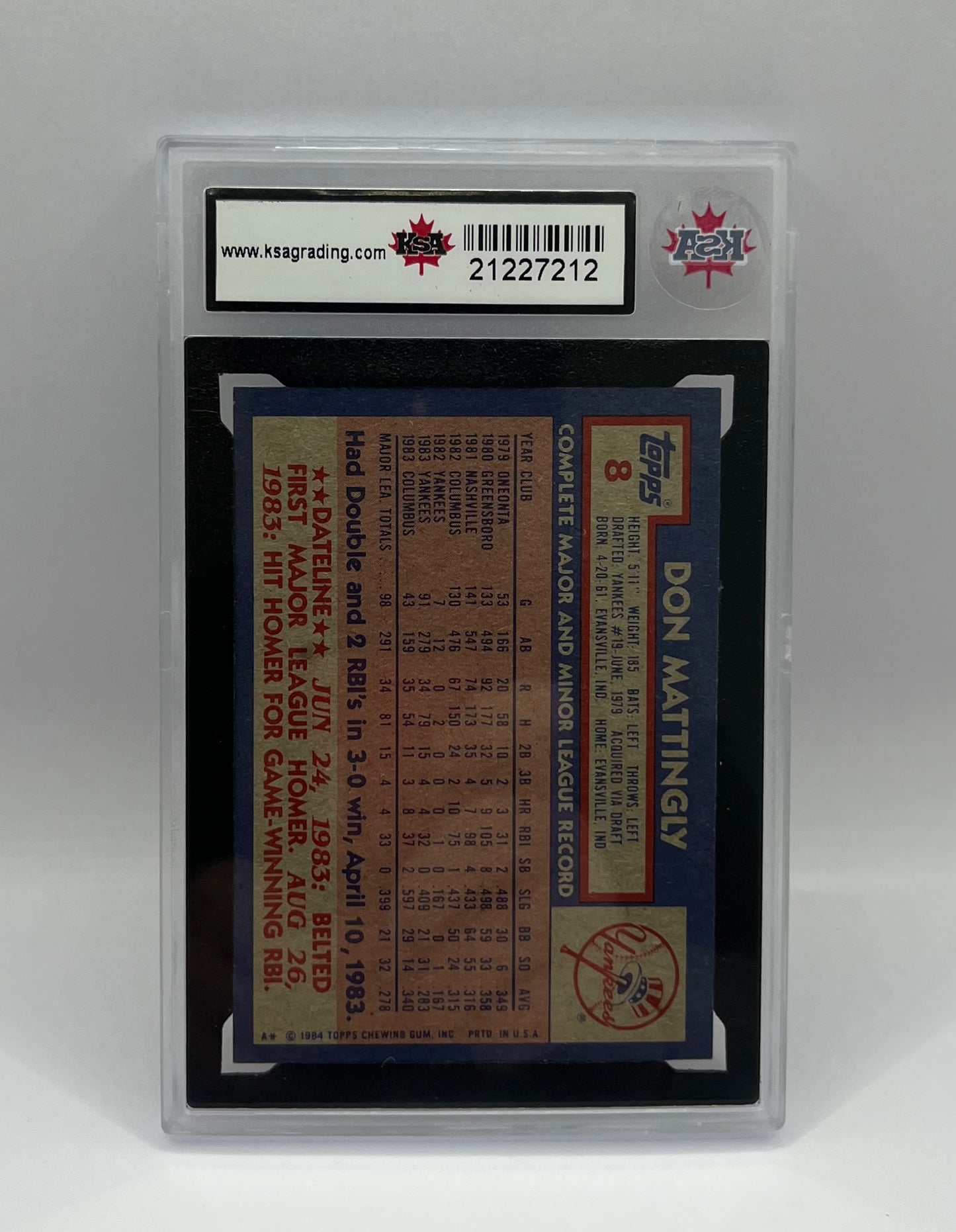 1984 #8 DON MATTINGLY TOPPS ROOKIE - KSA 8.5 NMM+